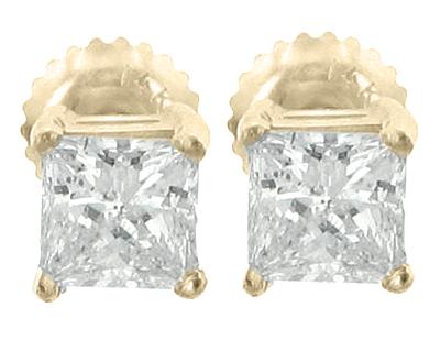 1.32 Ct. TW Princess Diamond Stud Earrings in Yellow Gold Screw Back Mounts