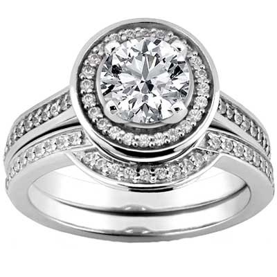 2.18 ct TW Round Diamond Halo Engagement Ring with Rounded Fit Matching Band
